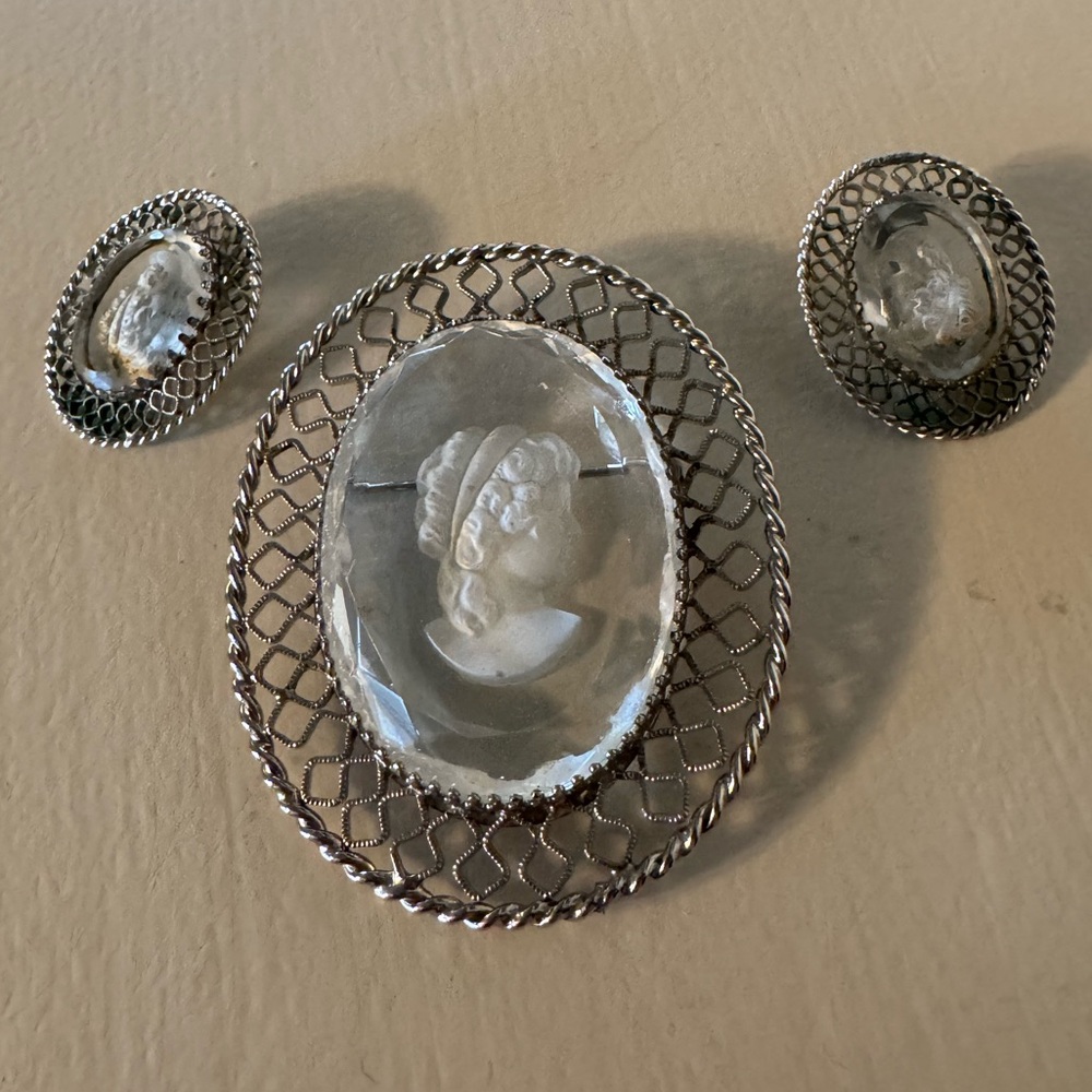 Vintage Whiting & Davis Silver-Tone Glass Cameo Brooch and Earrings Set
